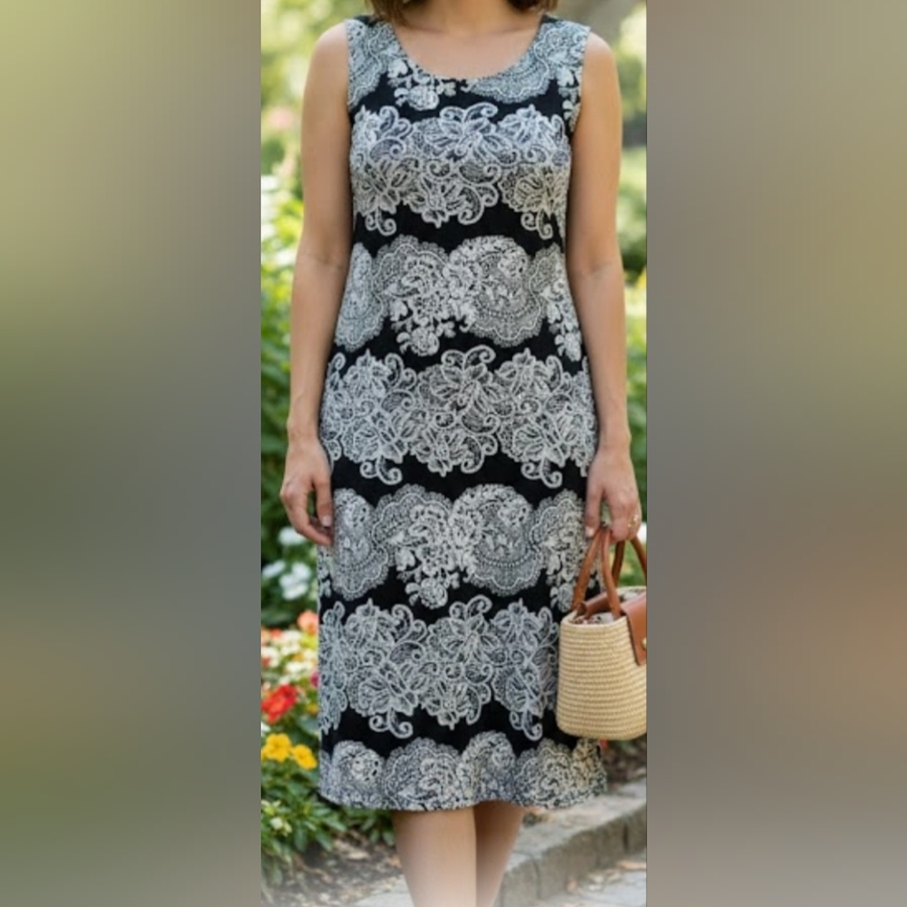 Olivia Matthews Black and White Patterned Midi Dress It's Strechy Size M